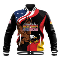 Black baseball jacket with eagle graphic, striped ribbed collar and cuffs