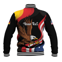 Black baseball jacket with eagle back graphic and “Your Text”; striped ribbed collar