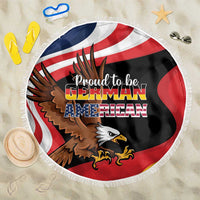 Round beach blanket with fringed edge, eagle emblem and German-American text in red, white, black