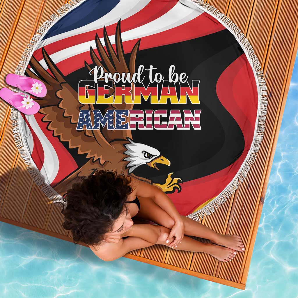 Round beach blanket with fringed edge, eagle face and German-American lettering on red, white, black