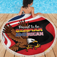 Round beach blanket with fringed edge, eagle graphic and German-American text on red, white, black