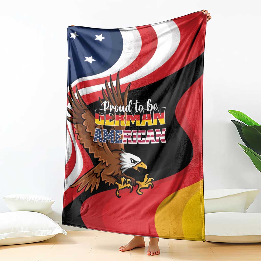 German-American heritage blanket with centered eagle and Proud to be German American text, flag colors