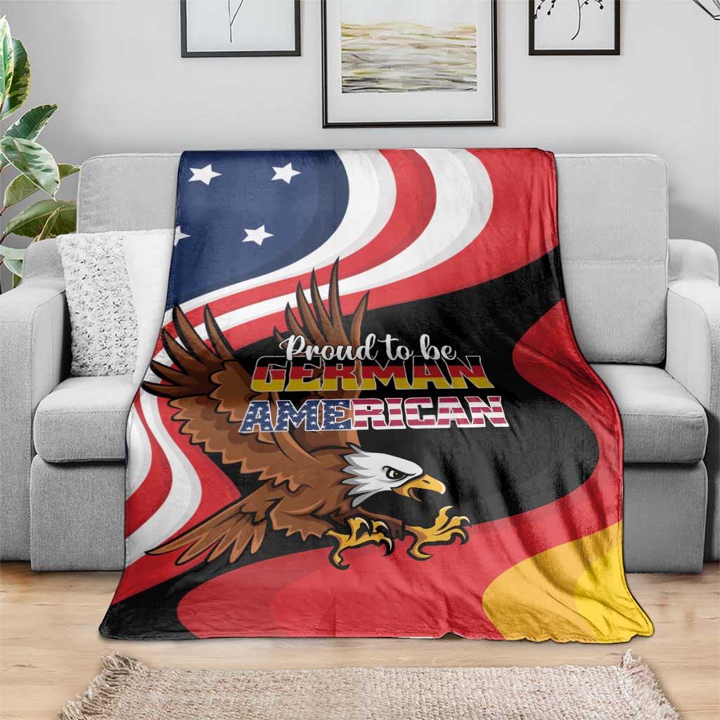 German-American heritage blanket with eagle and Proud to be German American text, red white blue yellow design