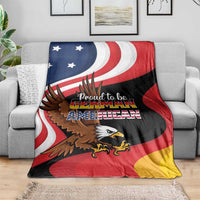 German-American heritage blanket with eagle and Proud to be German American text, red white blue yellow design
