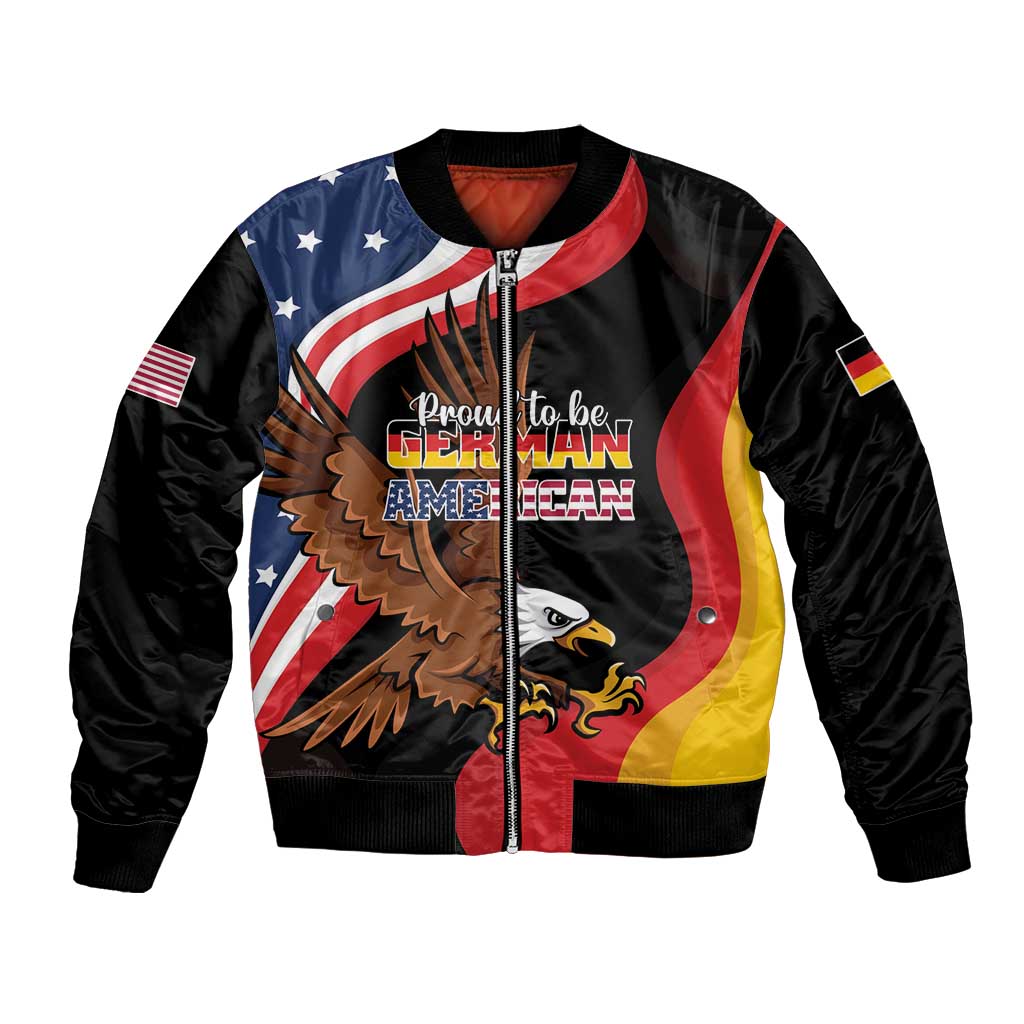 Black unisex bomber jacket with eagle graphic, German-American text, and flag stripes