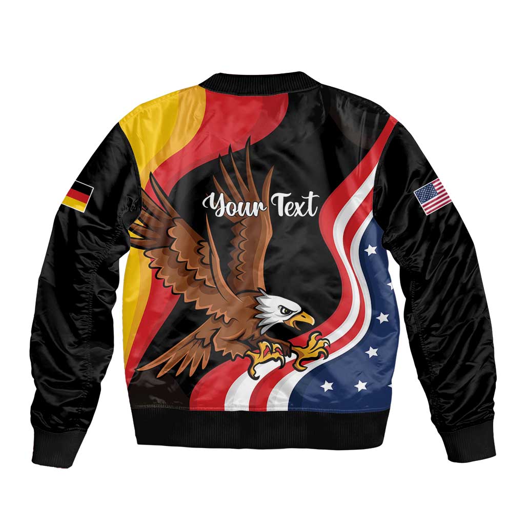 Black unisex bomber jacket with eagle, 'Your Text' design, flag print, and sleeve patches