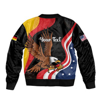 Black unisex bomber jacket with eagle, 'Your Text' design, flag print, and sleeve patches