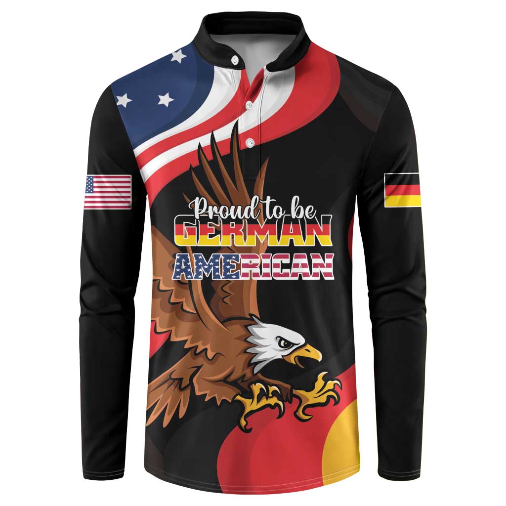 Black long-sleeve button sweatshirt with eagle graphic and 'Proud to be GERMAN AMERICAN' text