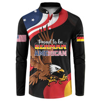 Black long-sleeve button sweatshirt with eagle graphic and 'Proud to be GERMAN AMERICAN' text