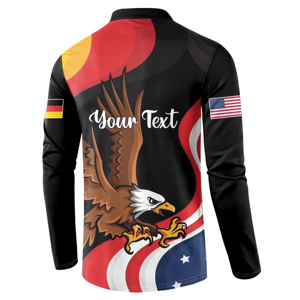 Black long-sleeve button sweatshirt with eagle graphic, flag stripes, and 'Your Text'