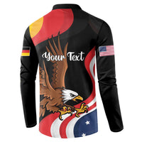 Black long-sleeve button sweatshirt with eagle graphic, flag stripes, and 'Your Text'