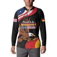 Black long-sleeve button sweatshirt with eagle graphic and 'Proud to be GERMAN AMERICAN' text