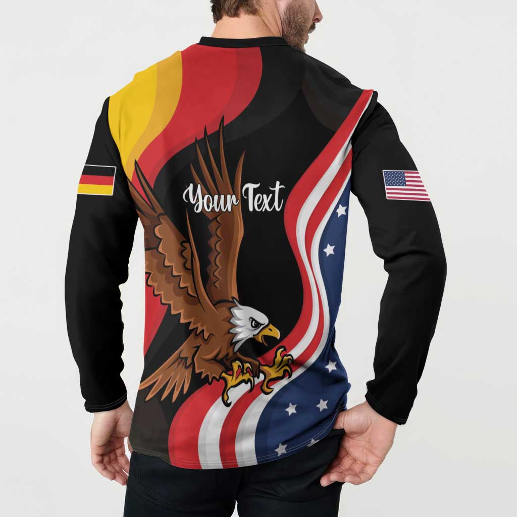 Black long-sleeve button sweatshirt with eagle graphic, flag stripes, and 'Your Text' on back