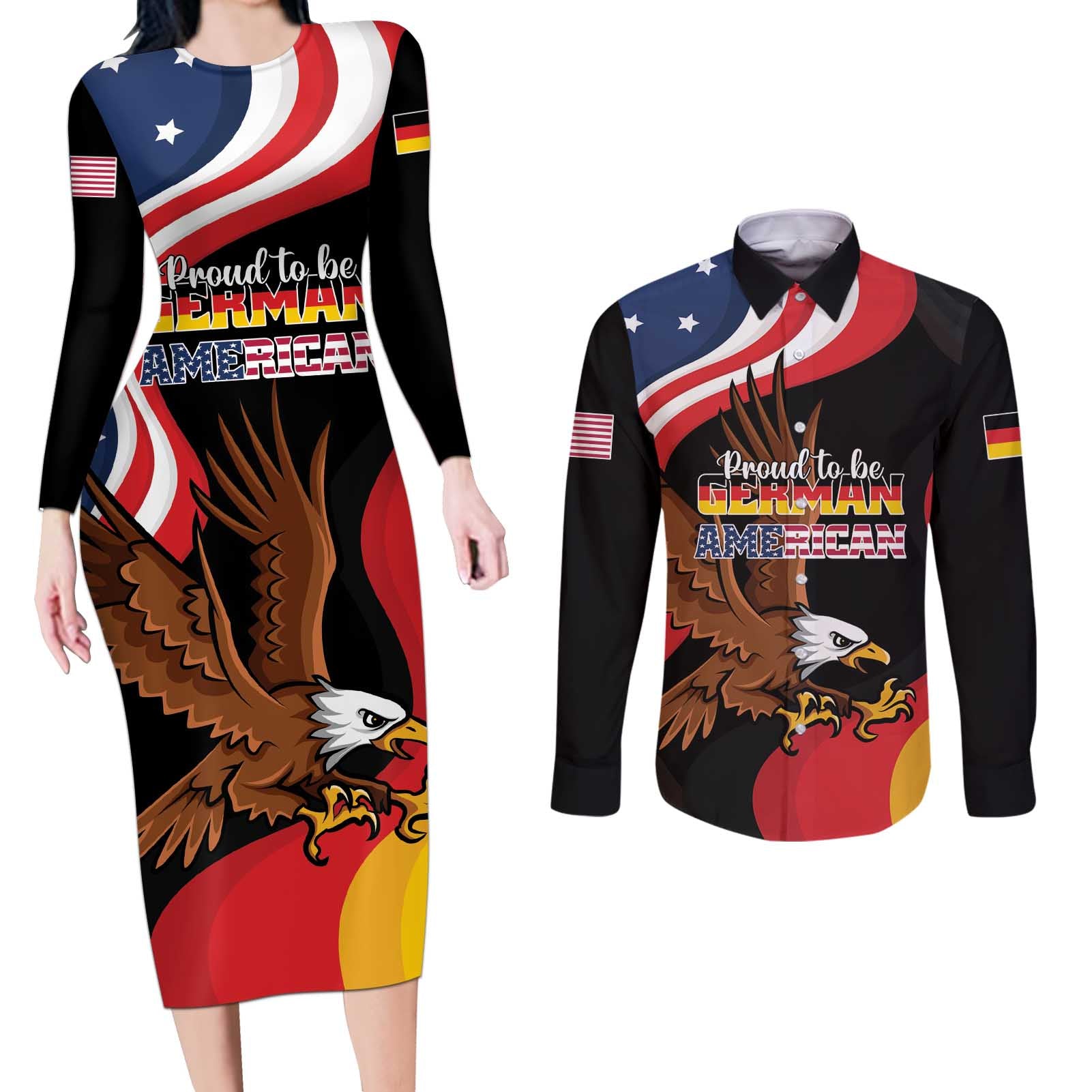 Personalized Proud to be German-American Couples Matching Long Sleeve Bodycon Dress and Long Sleeve Button Shirt Eagle Heritage Month - Wonder Print Shop