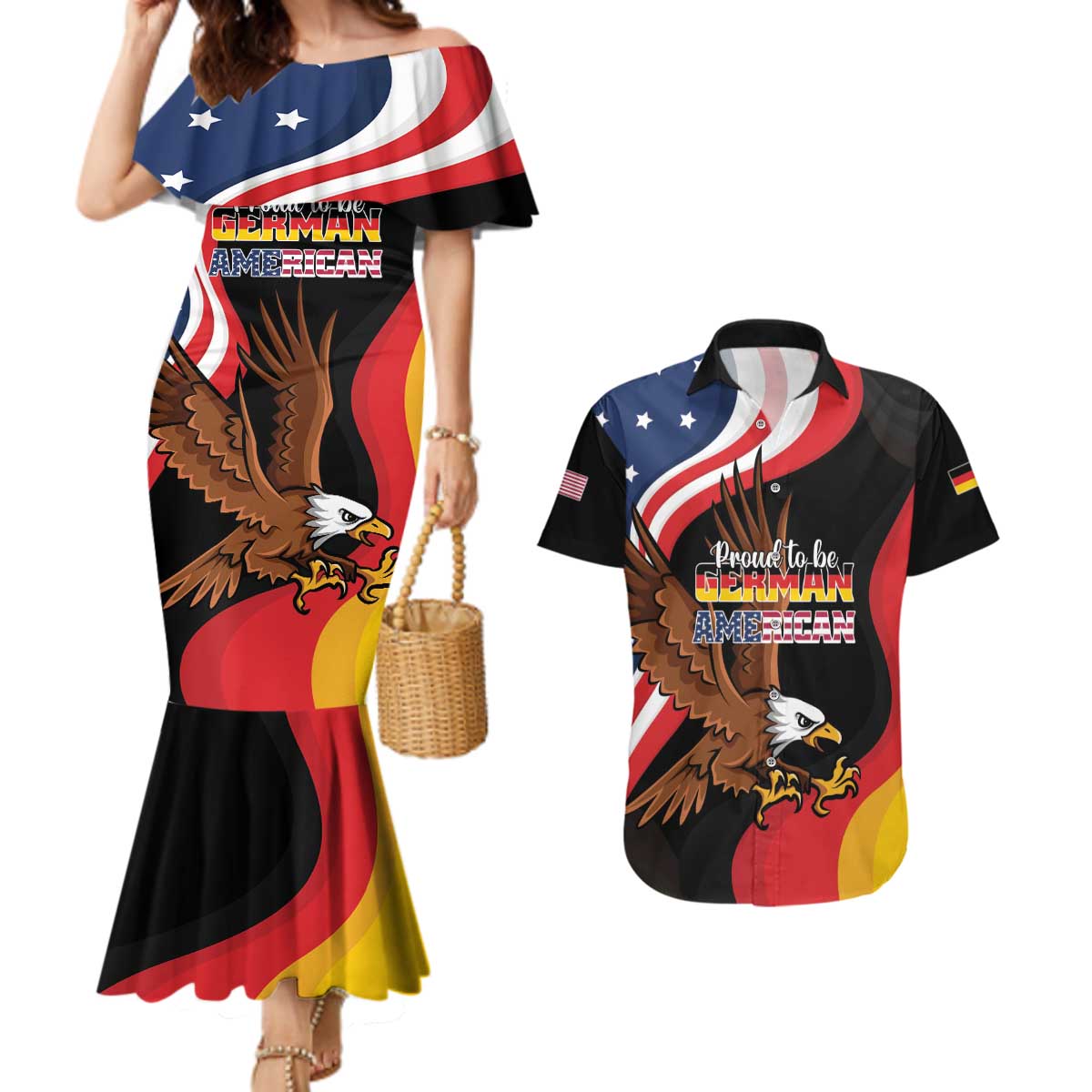 Personalized Proud to be German-American Couples Matching Mermaid Dress and Hawaiian Shirt Eagle Heritage Month - Wonder Print Shop