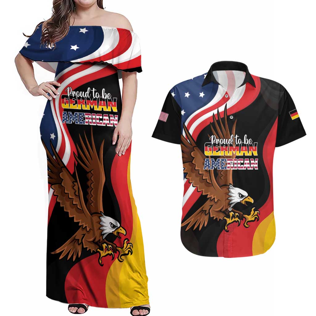 Personalized Proud to be German-American Couples Matching Off Shoulder Maxi Dress and Hawaiian Shirt Eagle Heritage Month - Wonder Print Shop