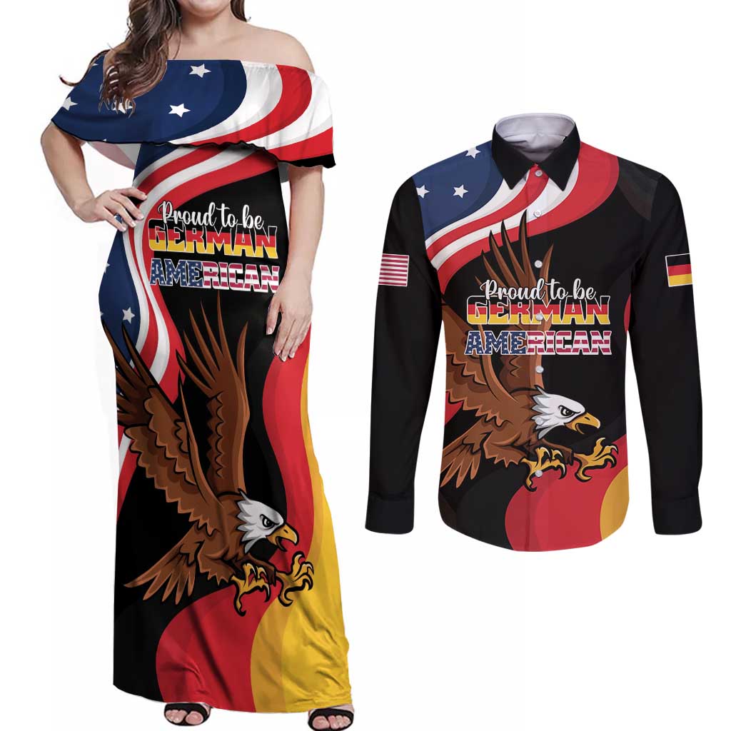 Personalized Proud to be German-American Couples Matching Off Shoulder Maxi Dress and Long Sleeve Button Shirt Eagle Heritage Month - Wonder Print Shop