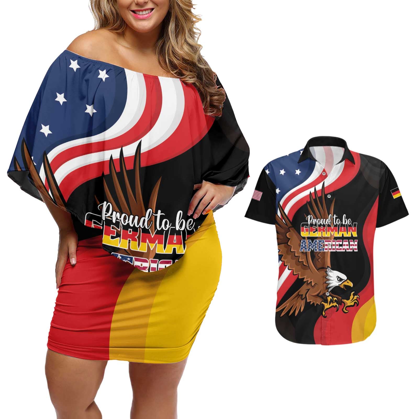 Personalized Proud to be German-American Couples Matching Off Shoulder Short Dress and Hawaiian Shirt Eagle Heritage Month - Wonder Print Shop