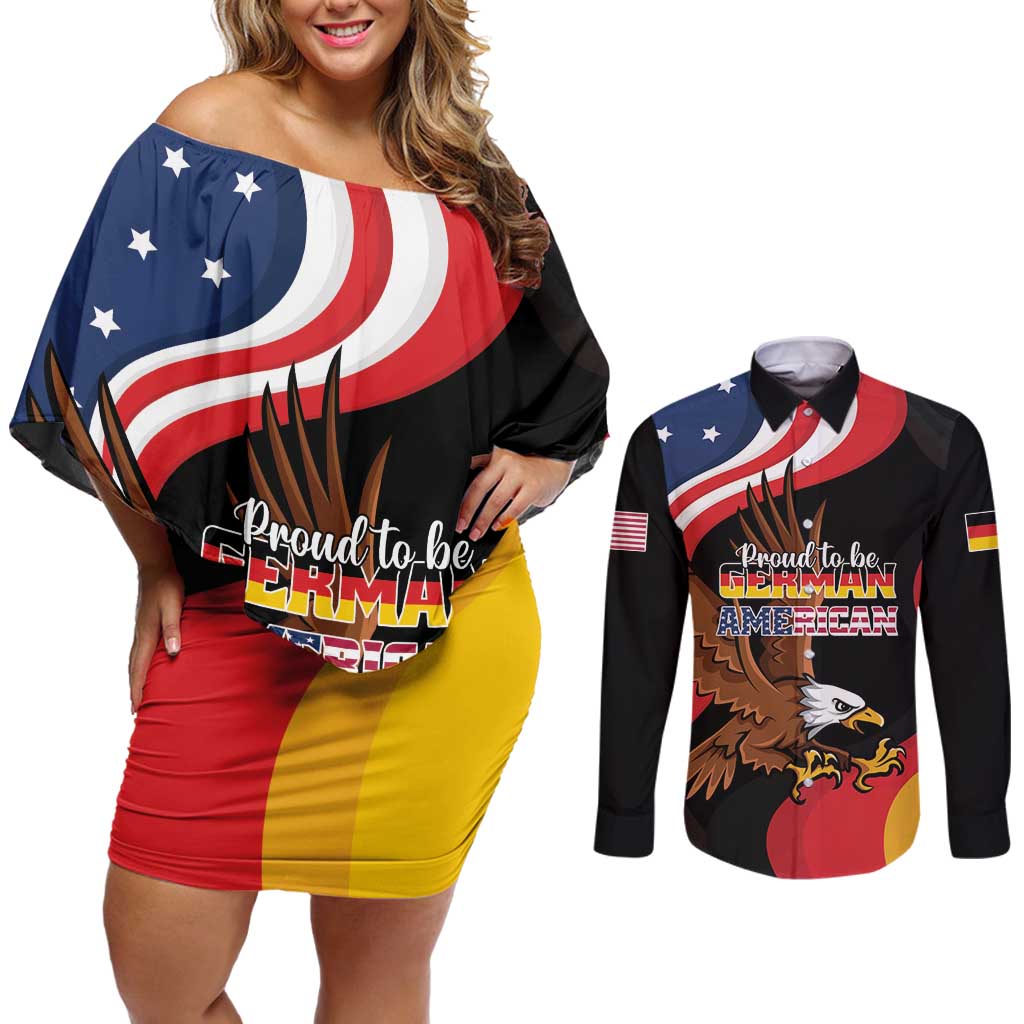 Personalized Proud to be German-American Couples Matching Off Shoulder Short Dress and Long Sleeve Button Shirt Eagle Heritage Month - Wonder Print Shop