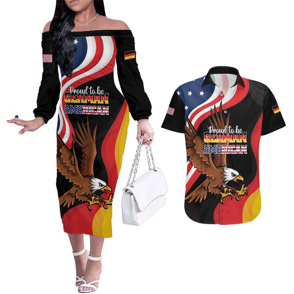 Personalized Proud to be German-American Couples Matching Off The Shoulder Long Sleeve Dress and Hawaiian Shirt Eagle Heritage Month - Wonder Print Shop