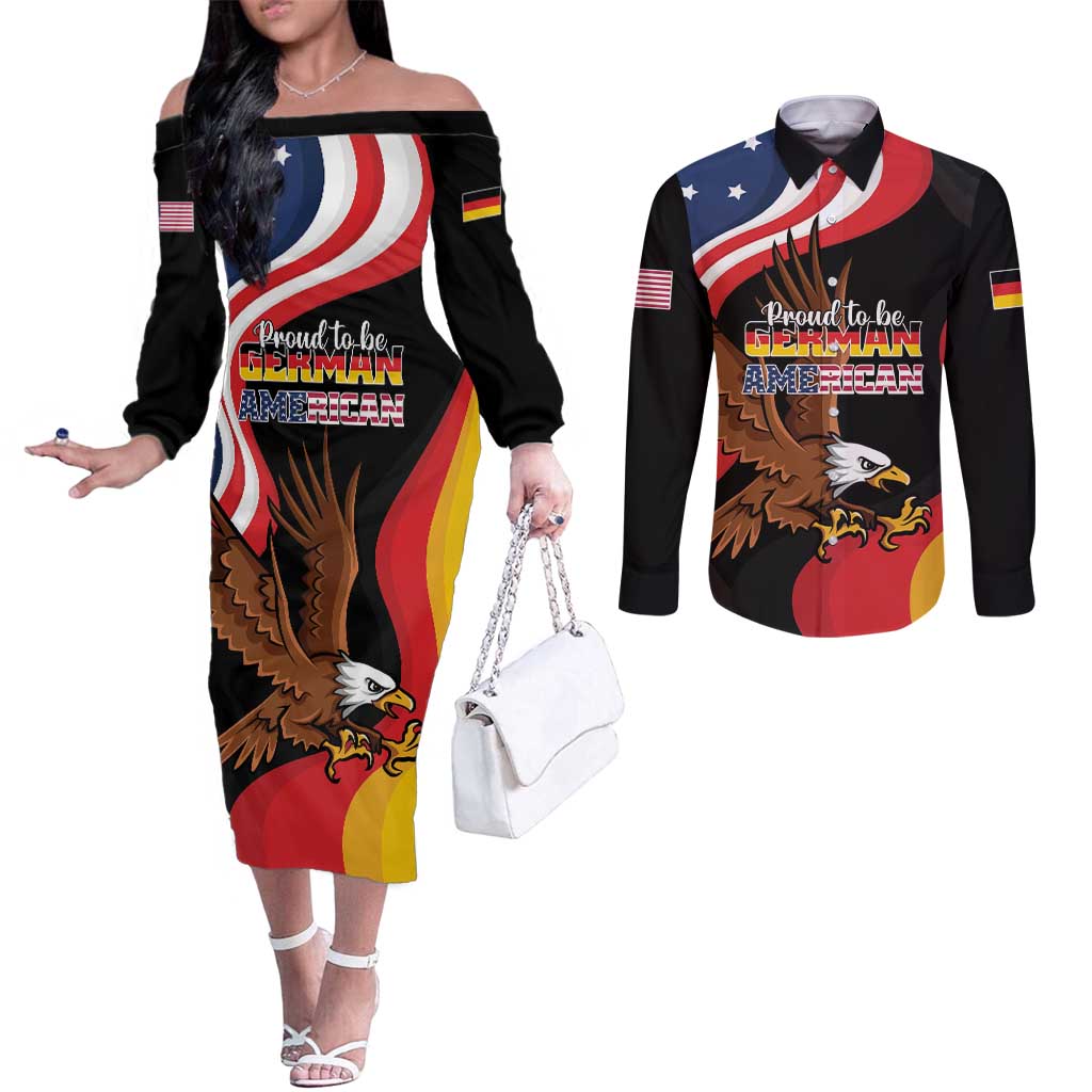 Personalized Proud to be German-American Couples Matching Off The Shoulder Long Sleeve Dress and Long Sleeve Button Shirt Eagle Heritage Month