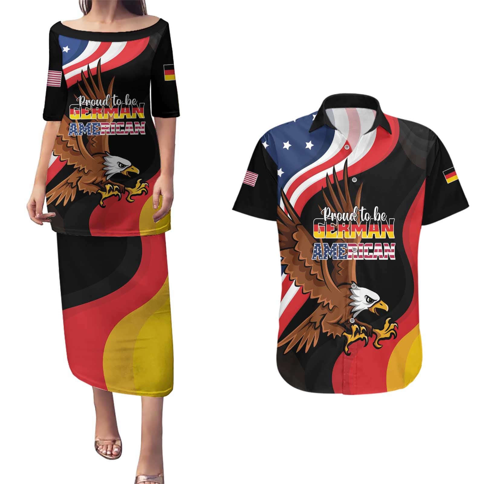 Personalized Proud to be German-American Couples Matching Puletasi and Hawaiian Shirt Eagle Heritage Month - Wonder Print Shop