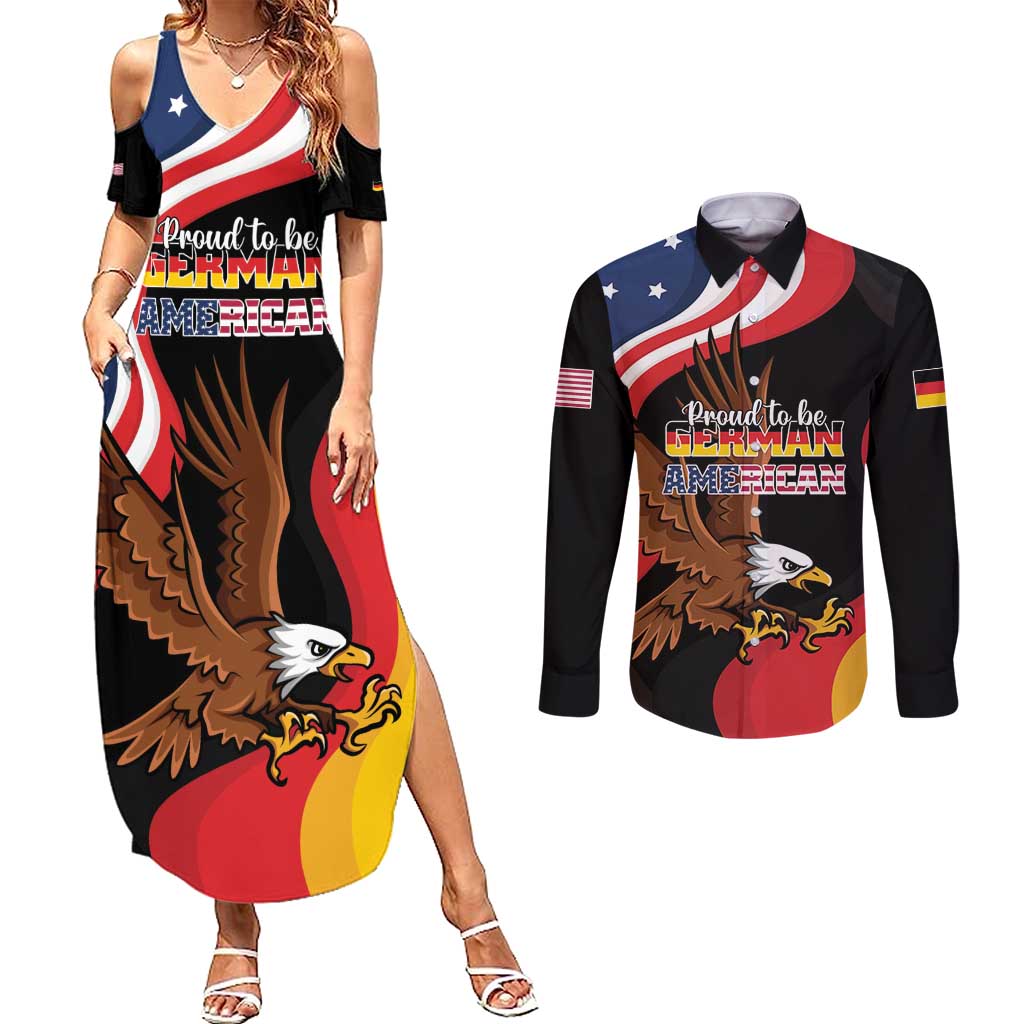 Personalized Proud to be German-American Couples Matching Summer Maxi Dress and Long Sleeve Button Shirt Eagle Heritage Month - Wonder Print Shop