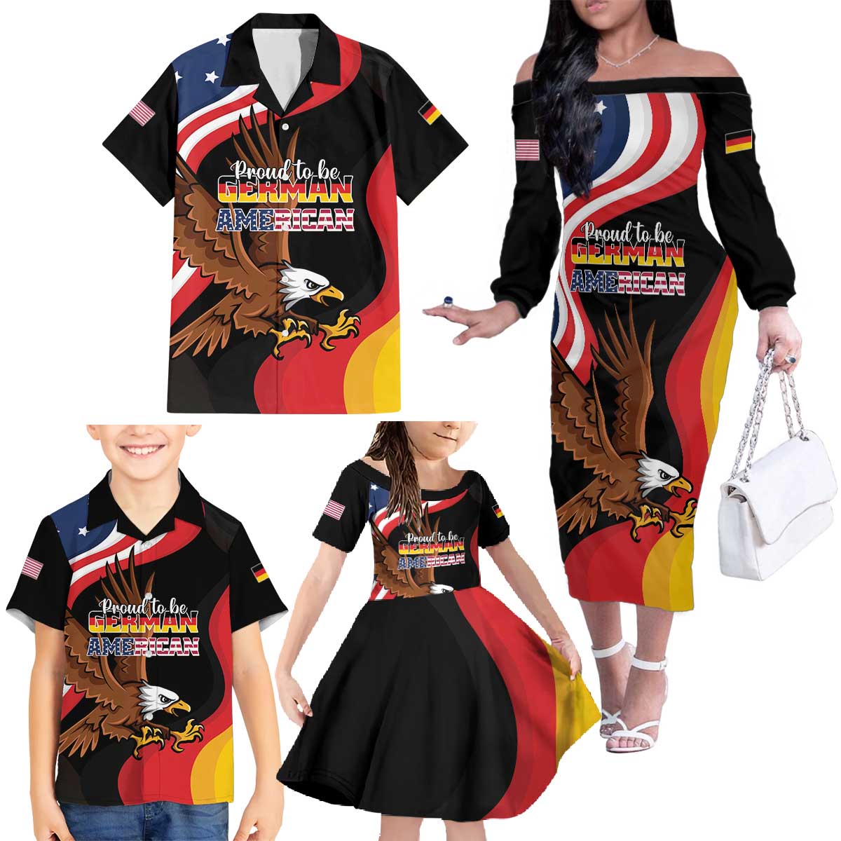 Personalized Proud to be German-American Family Matching Off The Shoulder Long Sleeve Dress and Hawaiian Shirt Eagle Heritage Month - Wonder Print Shop