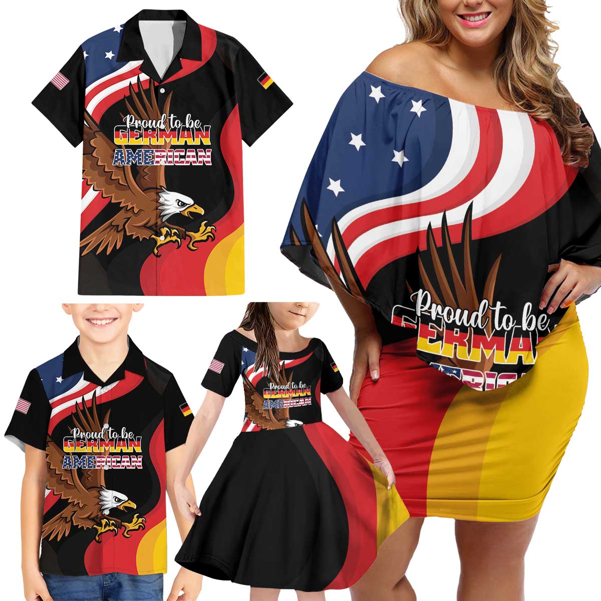 Personalized Proud to be German-American Family Matching Off Shoulder Short Dress and Hawaiian Shirt Eagle Heritage Month - Wonder Print Shop