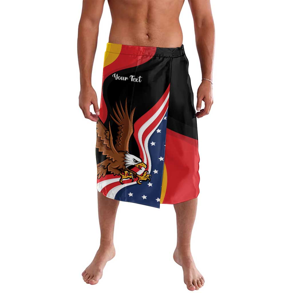 Black elastic-waist shorts with eagle and German-American flag graphic, custom text