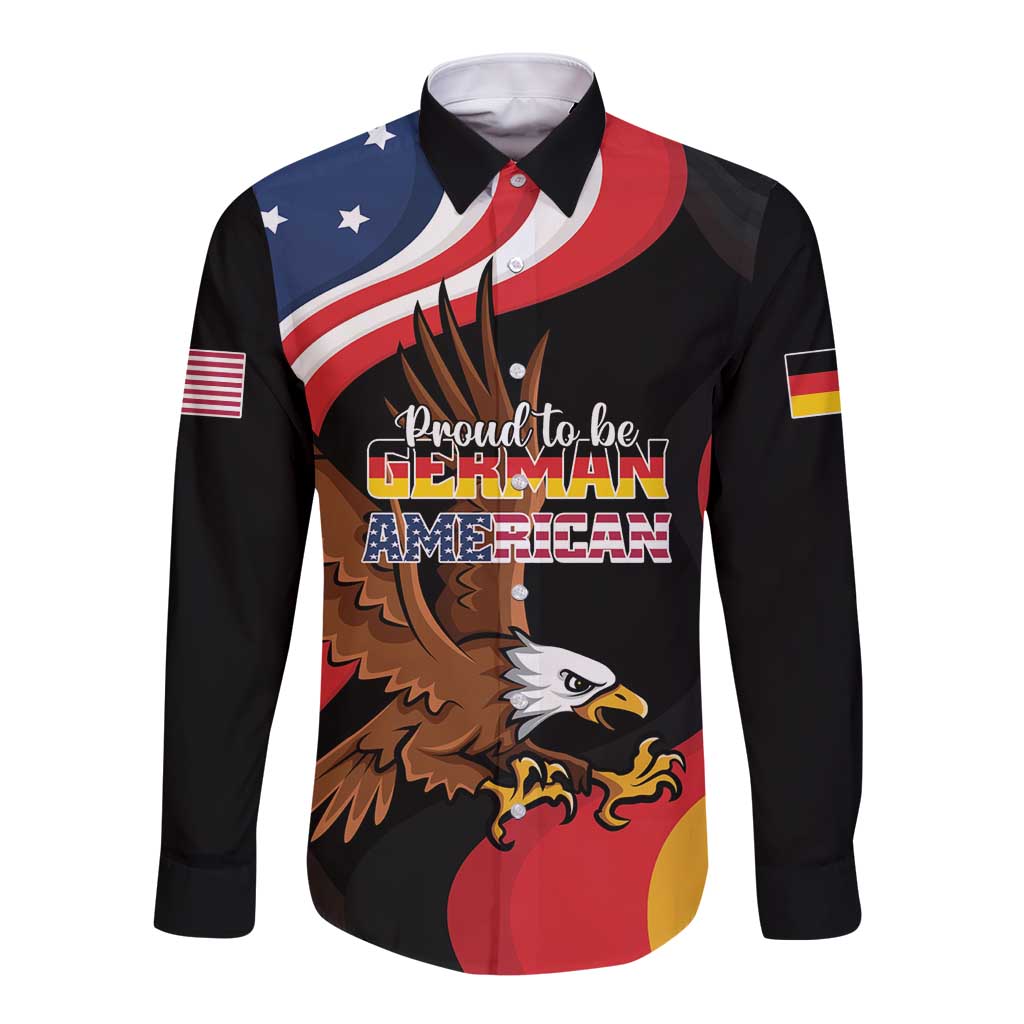 Black long-sleeve button shirt with eagle, German and American flag design, front slogan