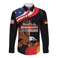 Black long-sleeve button shirt with eagle, German and American flag design, front slogan