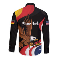 Black long-sleeve button shirt, eagle and flags, 'Your Text' back graphic