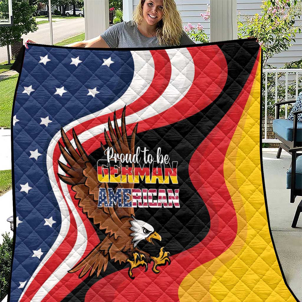German-American eagle heritage quilt with stars, red white stripes, and yellow side panel