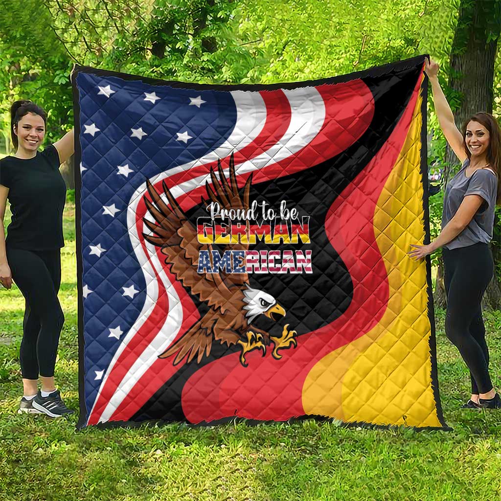 Quilt blanket featuring German-American eagle graphic over American flag colors and stars