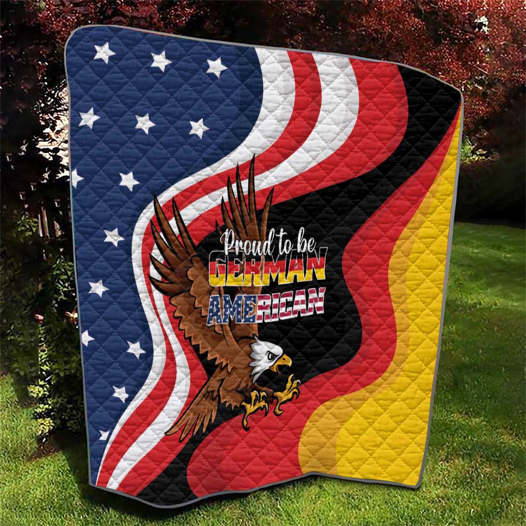 Quilt blanket with German-American eagle emblem, stars, and red white stripes on black
