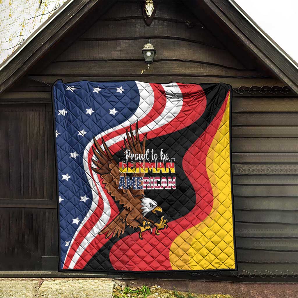 Eagle heritage quilt with American flag wave design, stars, and German-American wording