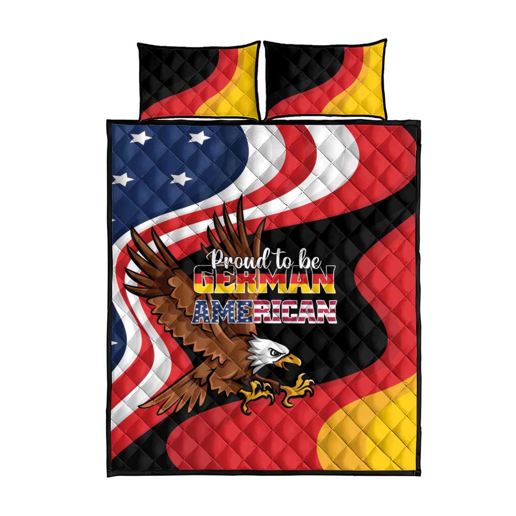 Black quilt bed set and two matching pillows with eagle emblem and Proud to be German-American.