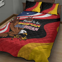 Black quilt bed set with eagle face and Proud to be German-American text, red and yellow accents.