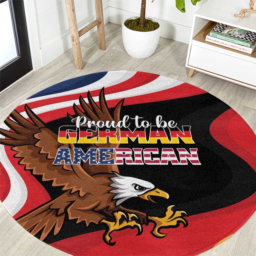 Round carpet with black red eagle graphic and 'Proud to be German American' lettering