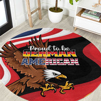 Round carpet with black red eagle graphic and 'Proud to be German American' lettering