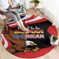 Round carpet with eagle graphic and slogan 'Proud to be German American' in black red