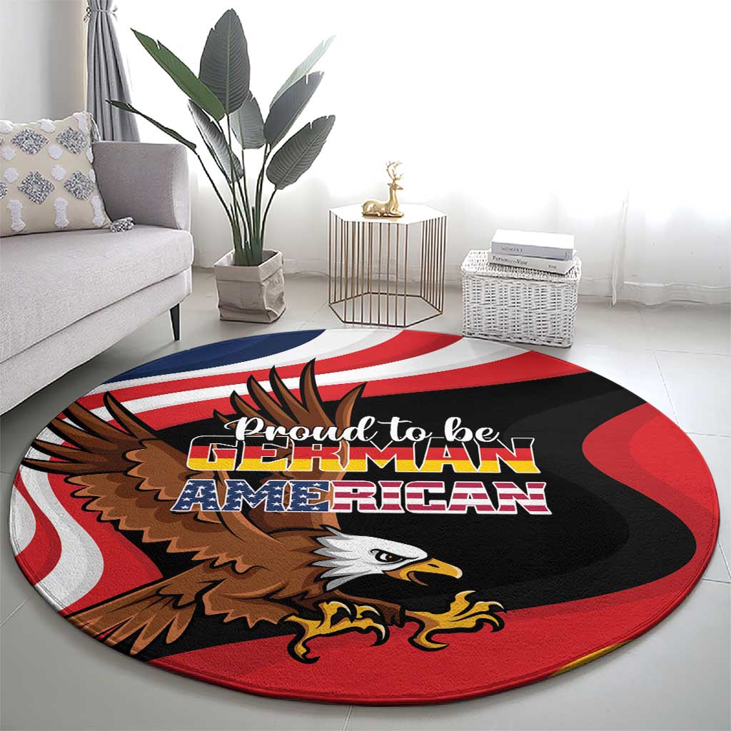 Round carpet with eagle head, flames, and 'Proud to be German American' text