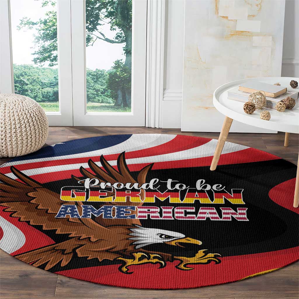 Round carpet with eagle emblem and 'Proud to be German American' lettering in black red