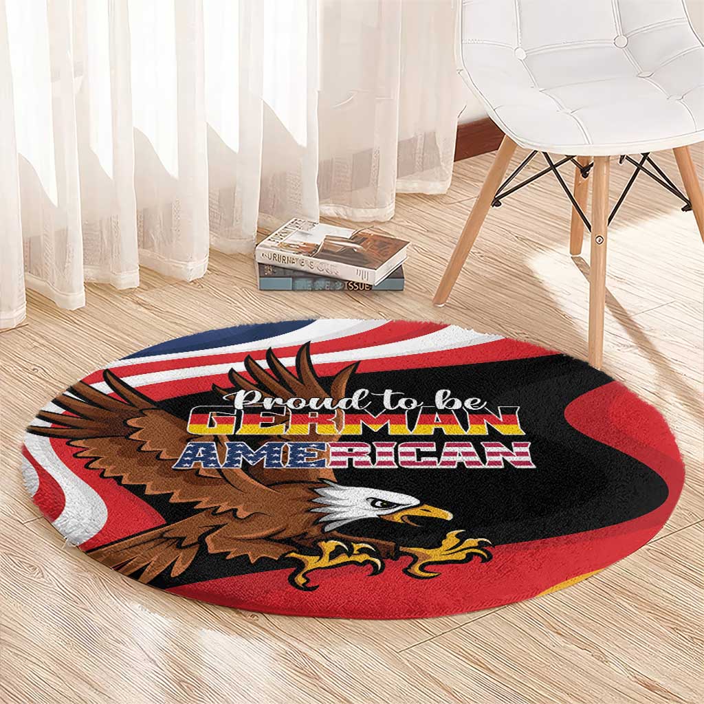 Round eagle carpet with 'Proud to be German American' text, circular black red design