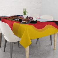 Eagle heritage tablecloth on dining table with black eagle and red yellow flag design