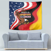 Eagle and flag wave wall tapestry displayed above light sofa, multicolor