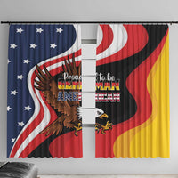 Black window curtain panel with German eagle, American flag waves, and pride text