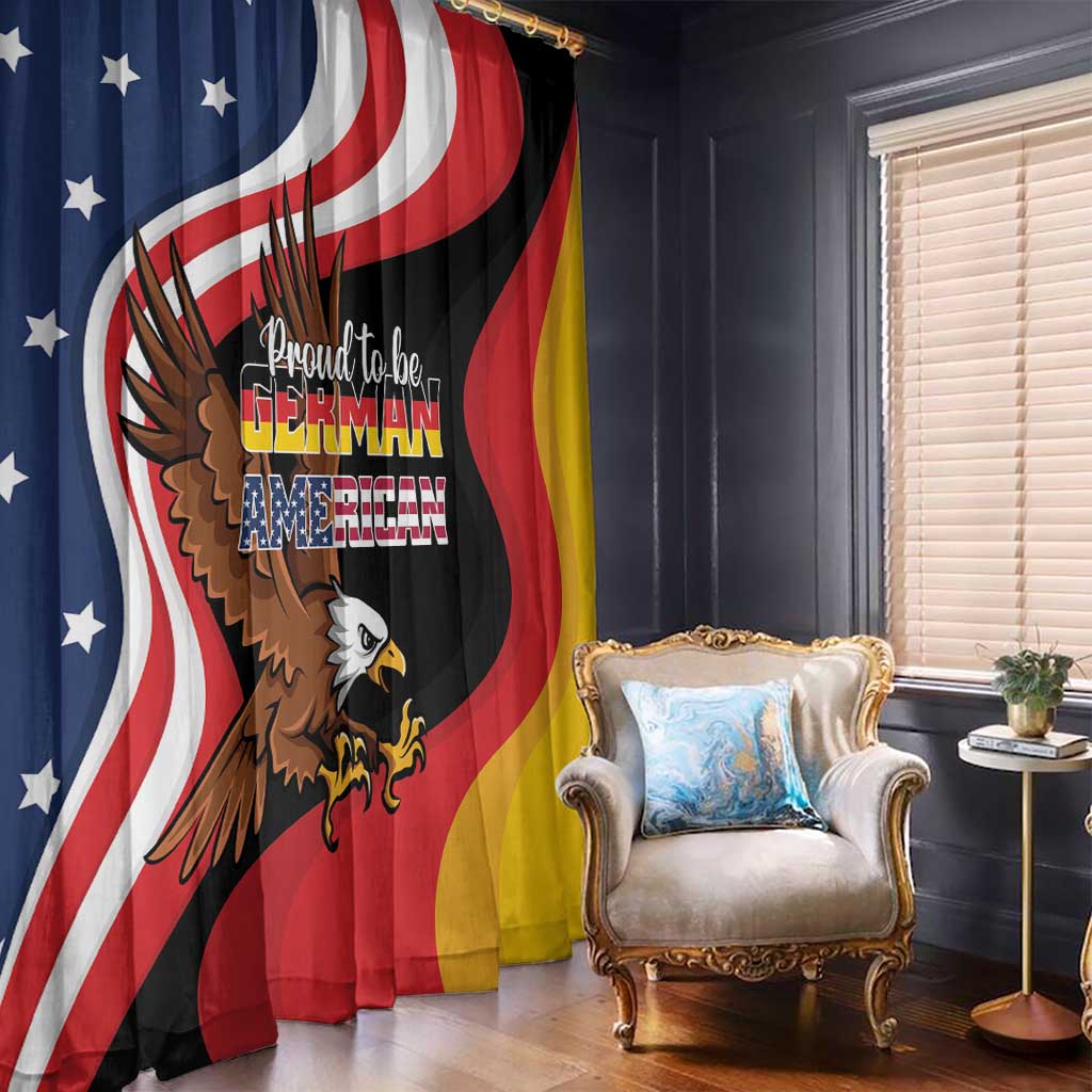 Window curtains with eagle graphic and Pride text over blue, red, black, and gold stripes