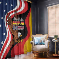 Window curtains with eagle graphic and Pride text over blue, red, black, and gold stripes